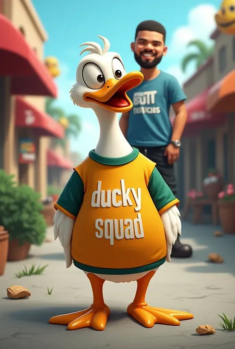 Duck with a shirt that says "Ducky squad" with Drake in the background with a shirt that says "butt testicles"