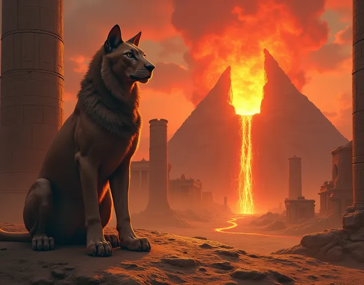 Imagine Egyptian ruins ,  ancient stone buildings with tall towers,  ancient monuments of Egypt, Sphinx with the face of a puma , stone portal , Big Red Sun, dark place, desert place, apocalyptic, Scary place, desolate place, macabre atmosphere, . lava riv...