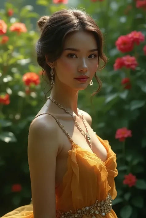 a beautiful detailed girl in a lush garden, detailed realistic eyes and facial features, elegant flowing dress, surrounded by nature, (best quality,4k,8k,highres,masterpiece:1.2),ultra-detailed,(realistic,photorealistic,photo-realistic:1.37),HDR,UHD,studio...