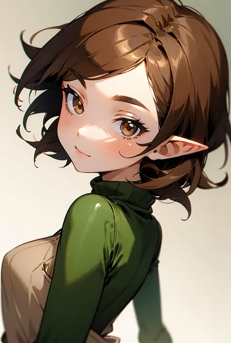  Girl with pointy ears, short shiny brown hair,   brown eyes, wearing a green sweater  