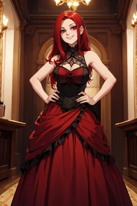 Perfect face. Perfect hands. A red haired woman with red eyes and an hourglass figure in a Gothic ballgown is smiling while posing in a Gothic ballroom