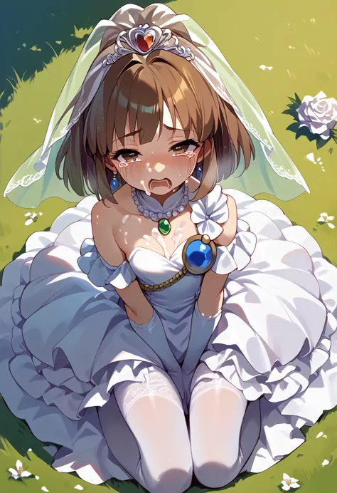 masterpiece, hi-res,best quality,8k
(arle nadja,petite,small breasts)(wedding dress,bridal veil)orgasm,crying, from above,sit on...