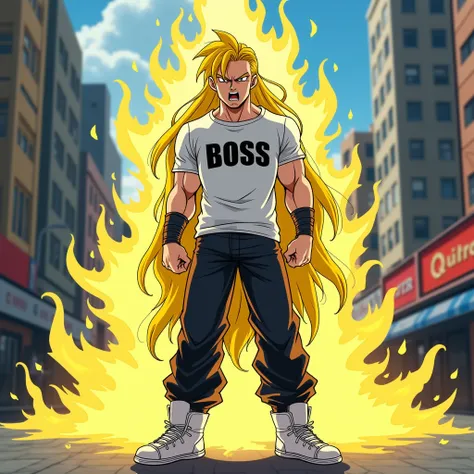  A skinny man with long pointed back hair that goes down to his back yellow with a lock of hair falling on his forehead wears a white long-sleeved shirt with the word "Boss" In black letters on his chest , black jeans and white sneakers and the yellow Aura...