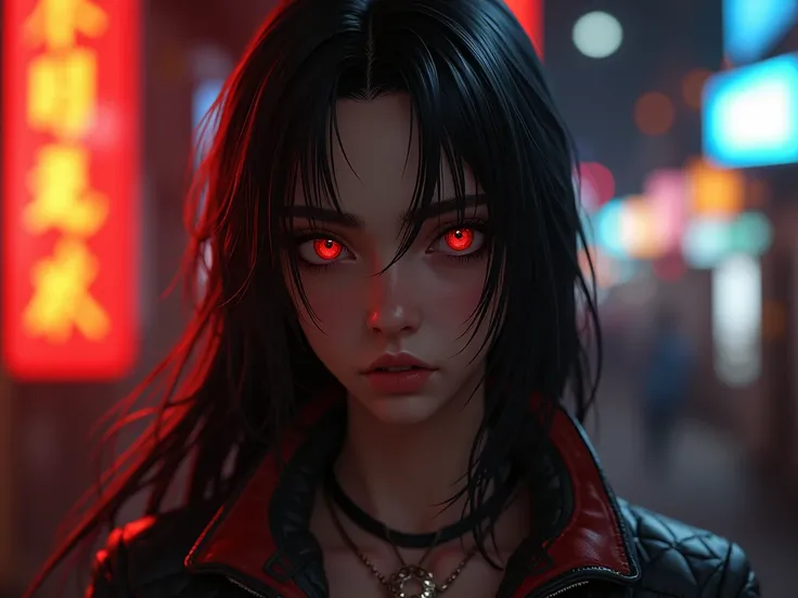 unreal engine:1.4,Ultra HD, The best quality :1.4,  photorealistic :1.4, skin texture:1.4,  masterpiece :1.8, 18-year-old woman,  Red mesh hair over black hair ,  long hair, straight hair,  , Comic appearance，(apocalyptic city of fire),(cyberpunk:1.4),( Th...