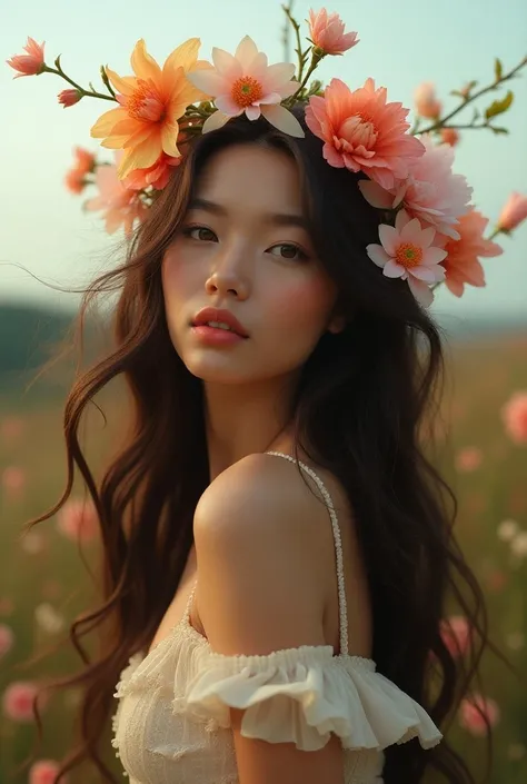 Long hair with flowers with wind