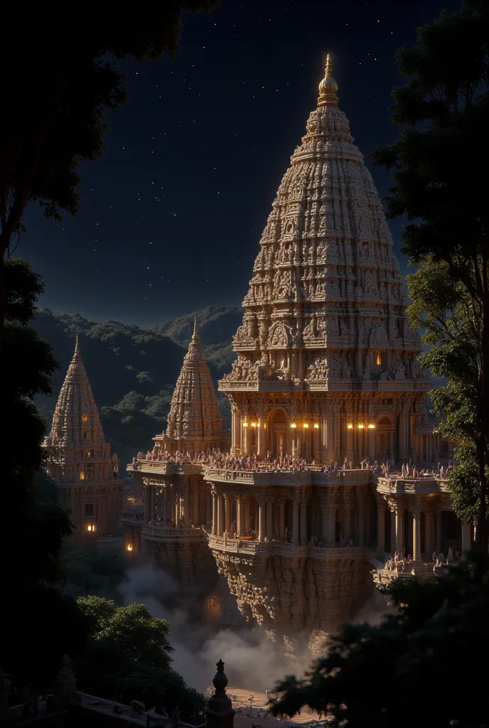 create a beautiful night scene featuring a majestic south indian temple complex with multiple attics and balconies. the temples ...