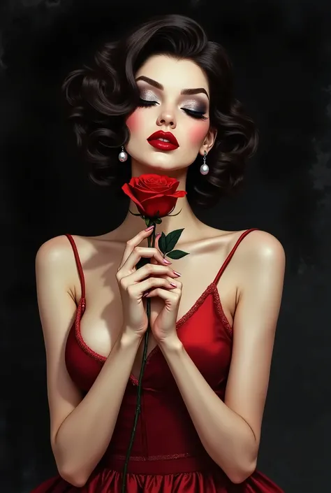 (Masterpiece) Beautiful Illustration of a beautiful femme fatale who wears a shiny short dress, her skin is pale, has red plump red lips and her hair is short,  dark and wavy. She has her eyes closed, her eyelids made up with grey eyeshadow and glitter. Sh...