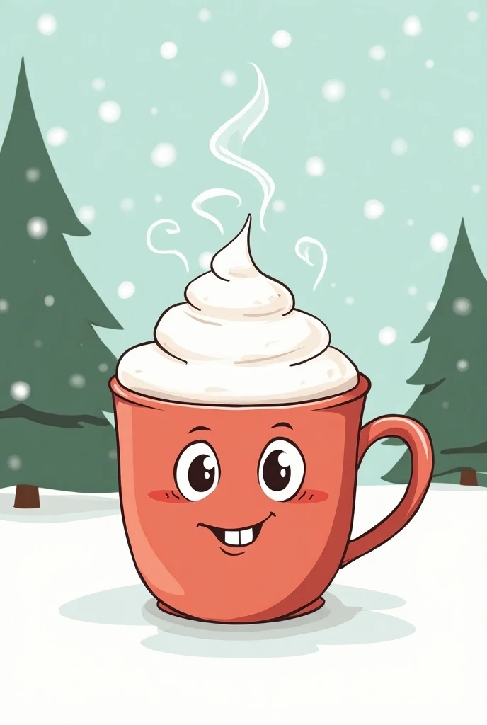 A simple line drawing of a cute cup of hot chocolate with whipped cream with an adorable face on the cup in an outdoor christmas setting like style