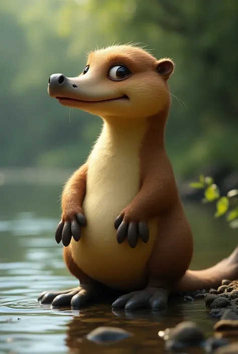  "Show a close-up of a platypus with a duck-like bill, otter-like body, and beaver-like tail, standing by a riverbank. Make the animal look unusual and slightly cartoonish to emphasize its unique appearance."