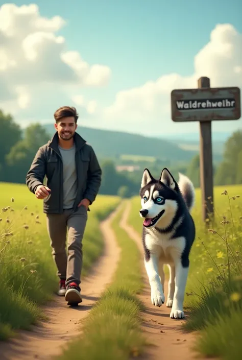 {
  "prompt": "A YouTube thumbnail in landscape format showing a young man walking with his black-and-white Husky with bright blue eyes through a scenic countryside setting. The Husky appears excited, with a confident stance, while the young man walks besi...