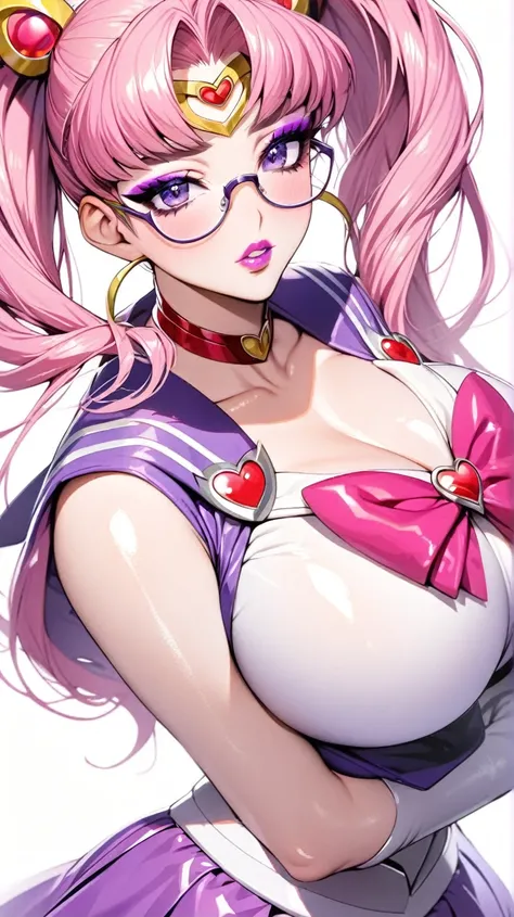 Beautiful, long pink hair, pigtails, purple eyes, glasses, ((large breasts)), sailor moon, purple skirt, purple bow, ((white background)), ((shiny purple eyeshadow)), ((shiny pink lips)), ((white background)), 