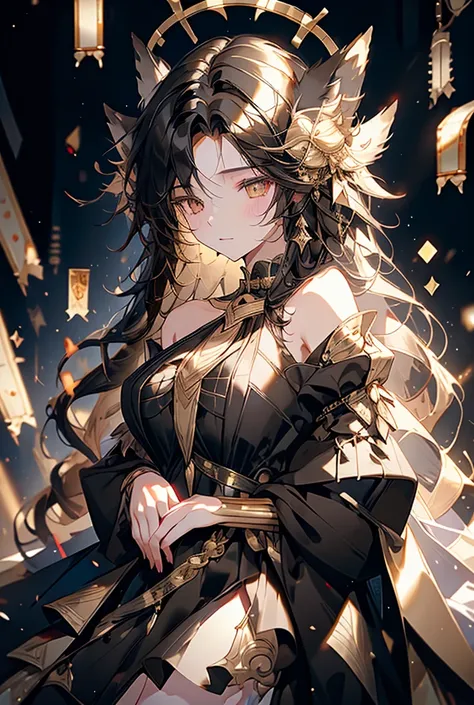 Black Hair、 straight long hair、Wolf Ears、Good looking、gold-colored dress、 An Extraordinary Beauty 