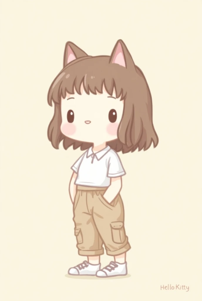  Draw a white hello Kitty with medium long brown straight medium wavy hair and do it with a white blouse and beige cargo pants and white shoes 