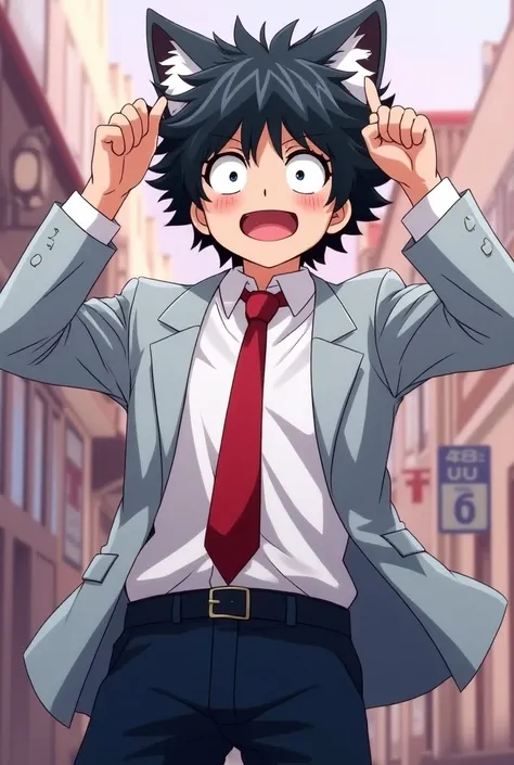  Screenshot of Boku no Hero Academia , Omega boy,  happy expression on his face ,  light black hair , Cat ears,  rebellious locks , omega eyes ,U uniform.A light gray coat ,  white shirt, red tie, Omega body, black pants combined with strong blue