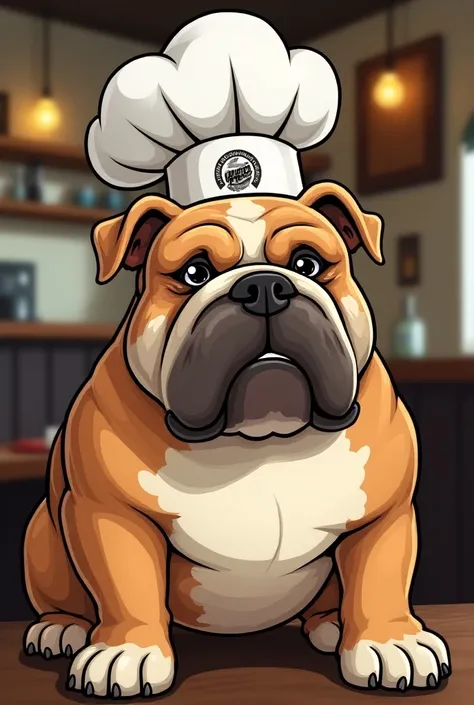 A bulldog with a chefs hat inside a restaurant logo