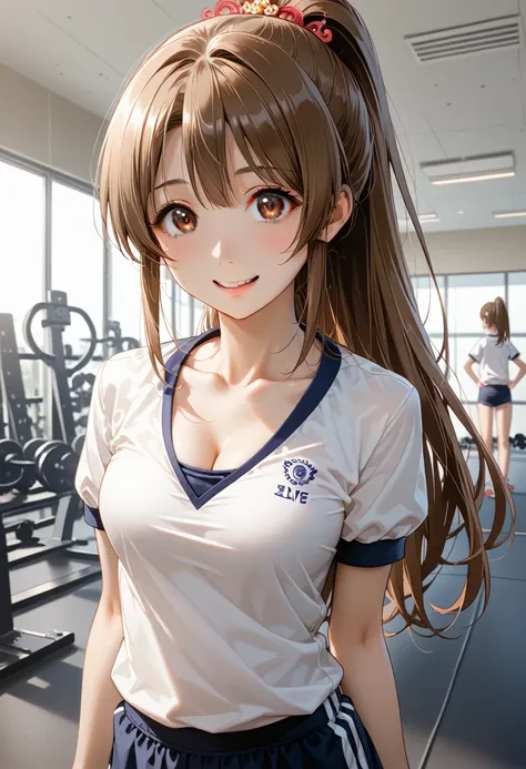 (8k, live action , RAW Photos,Best Quality,masterpiece:1.2),(Inside the gym,Front lighting:1.2),(( full light)),( long ponytail ),  I feel the audience , Standing Pose , smile,Age 15, white skin,Small face,前hairを真ん中から分けます, forehead visible ,masterpiece,Bes...