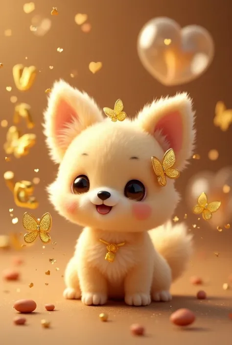 A mesmerizing 3D illustration featuring a charming stuffed blond pomchi dog adorned with delightful butterflies, perched majestically atop the phrase "Zahra The pomchi’ s large, affectionate eyes and warm smile invite viewers to immerse themselves in the e...