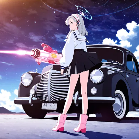 A beautiful Japanese girl wearing a sailor suit stands in front of a large black American car from the 1940s. She is wearing a black miniskirt. She is wearing pink boots. She has a heat ray gun. She wears fashion from luxury brands. She is wearing earphone...