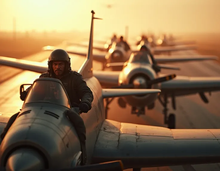 A formation of Tuskegee Airmen fighter planes on a military runway, with the pilots preparing for takeoff at dawn. The airmen are focused as they face their first mission, with intense expressions visible through the cockpits. Dust rises from the runway as...