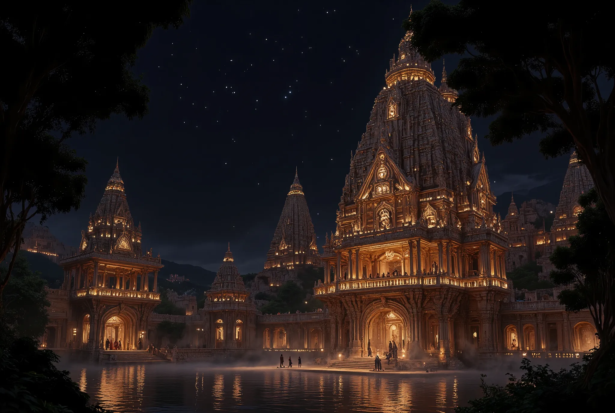 Create a beautiful night scene featuring a majestic South Indian temple complex with multiple attics and balconies. The temples showcase intricate Dravidian architecture, adorned with detailed carvings, pillars, and elaborate sculptures of deities and myth...