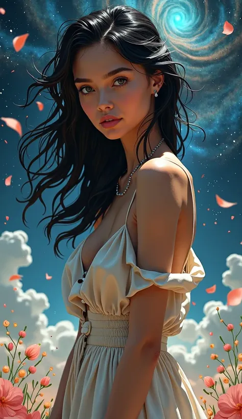 (best quality, masterpiece), 1girl, pose, particle, wind, flower, upper body, simple background, looking at viewer, black wildly hair, cosmic, nebulas, galaxy