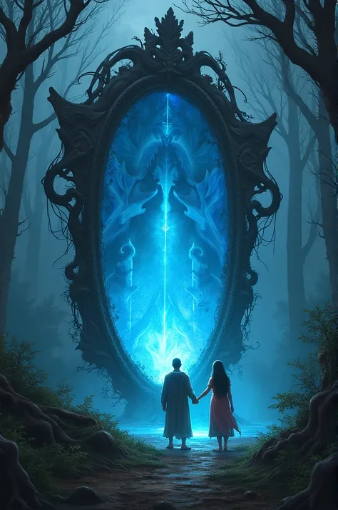 As they journey through the forest, Aqib and Zahra encounter a tall, ancient mirror resting amidst the dense trees. The mirror’s frame is twisted with vines and roots, glowing faintly with an eerie blue light. When Aqib looks into it, his reflection starts...