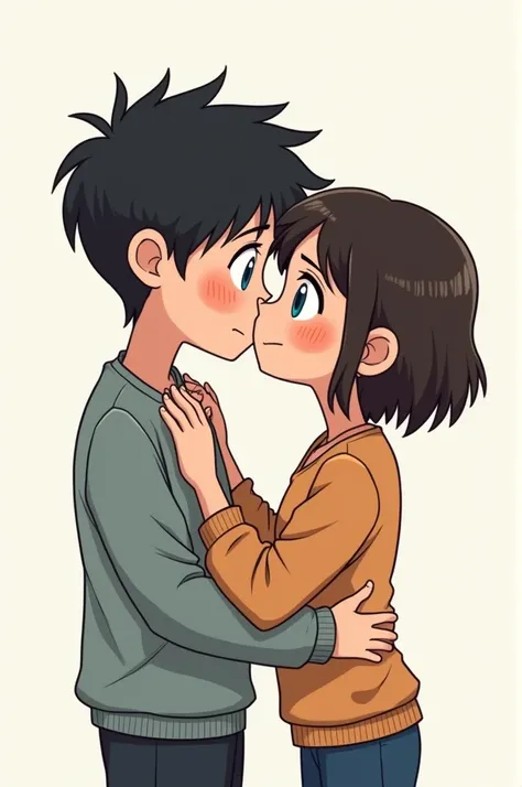  Straight couple cartoon 
The boy is thin and has dark hair and blue eyes 
A has short hair, He looks like a boy , And do you wear mens clothing
Theyre kissing and hugging  