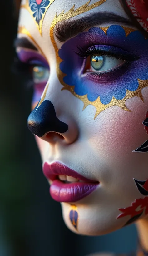 Prompt: "A highly realistic close-up of a beautiful woman with perfect lips and teeth, wearing intricate Catrina makeup. Her skin is smooth and flawless, with elegant patterns of vibrant colors decorating her face in a traditional yet fantasy-inspired Catr...