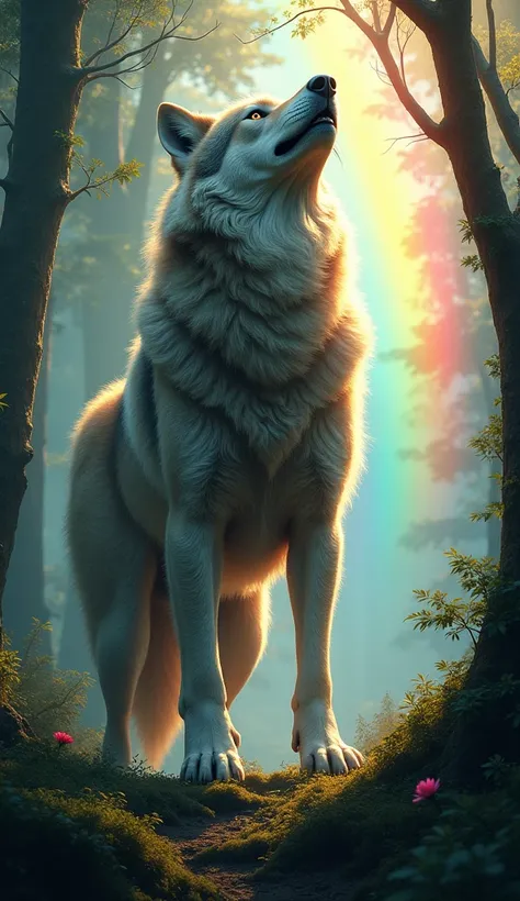 Lobo: "A super realistic image of a large, strong wolf standing majestically in a dense forest with a rainbow visible in the background. The wolf’s fur is thick and textured, with realistic shading and tones. The forest is vibrant and mysterious, with ligh...