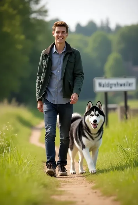 {
  "prompt": "A YouTube thumbnail in landscape format showing a young man walking with his black-and-white Husky, who has striking blue eyes. The young man appears relaxed and joyful as he strolls with his dog, holding the leash. In the background, there’...