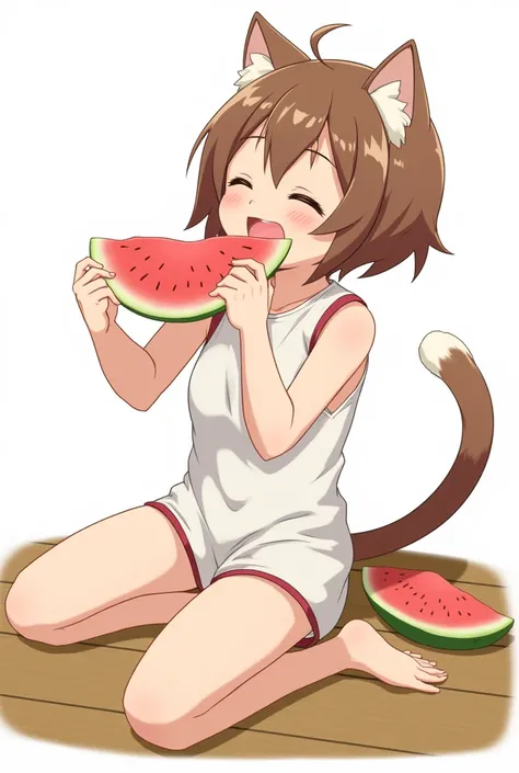 " anime-style scene of a cute catboy ,  with furry cat ears and a small, soft tail .  He sits playfully on a table ,  wearing only shorts and a thin white t-shirt , Because of the heat .  He holds a slice of watermelon with both hands and takes a big bite,...