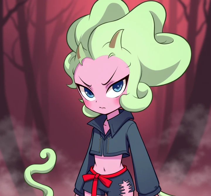 Demon girl with pink skin , Cabelo de Funguito , navy blue eyes,  her clothes are a short jacket that reaches her breasts ,  a torn short pants with a red ribbon like sinturon and bare legs,  has only one horn .