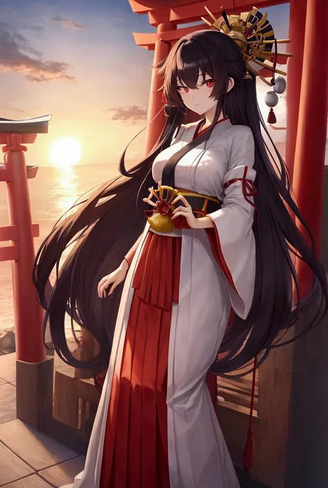 anime character, in anime series design. Beautiful 17-year-old Japanese girl , with a slim figure and lush breasts,   and long silky pitch-black hair, one of the hair curls is tied with a spiral tie made of red kumihimo cord,  and bright red eyes . In full...