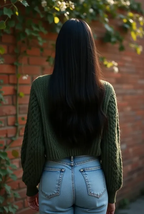 A highly detailed, realistic photo of a woman from behind, long super straight dark black hair. She is dynamic aesthetic poses, showing off the outfit in front of a rustic brick wall, with small green-leaved ivy and small white flowers. set in New York Cit...