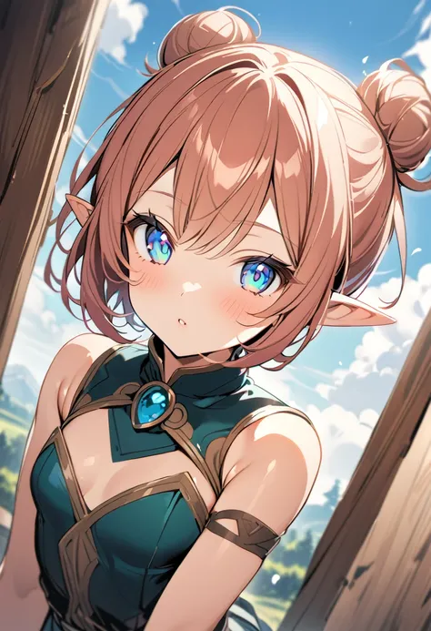 (one girl,　Halfling　The Hobbit　 treasure hunters　Adventurer　120cm　Short, pointy ears　Chestnut Hair　bun hair,　 Teal Eyelids　((((( short stature )))))　 flat chest　Thiefs Clothes 　 mini skirt　 shorts)　looking at viewer,　portrait,　 close your eyes 　Kiss　one&#3...