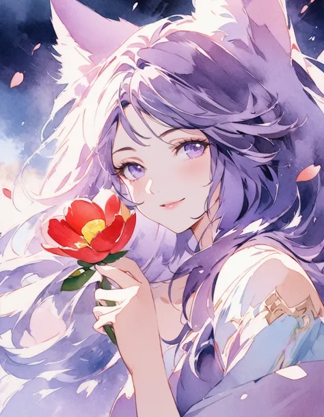 Generate images of Ahri, the League of Legends champion, in her spiritual flourish skin. Sensual and mysterious smile. Take a close-up. She should strike a delicate pose and hold a camellia close to her face with one hand, while the other hand lightly touc...