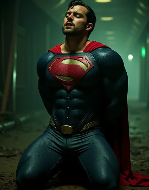 (Nicholas Alexander Chavez in a Superman suit:1.8), (Superman suit Torn:1.8), Ripped, Man in Tight Superman suit, with his mouth slightly open and his eyes closed, (((Muscular, Fit, Nicholas Alexander Chavez in a Superman suit))), (Bloodstain on Cheek and ...