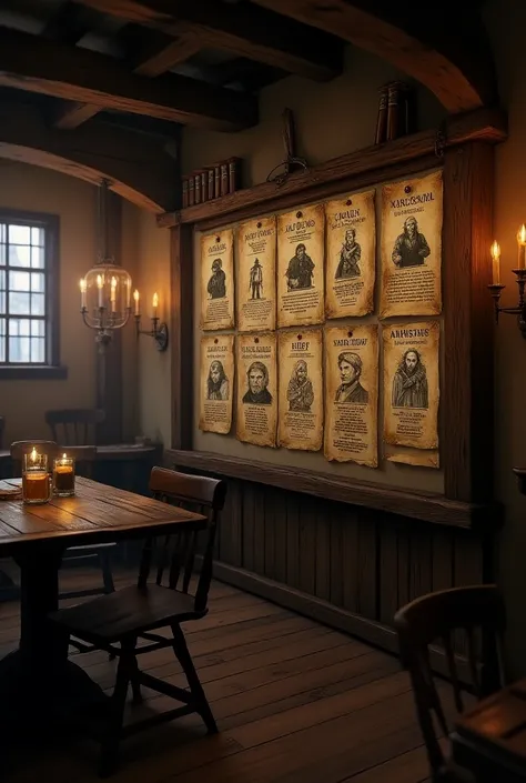 A bulletin board with 5 wanted medieval posters with a reward in a medieval tavern