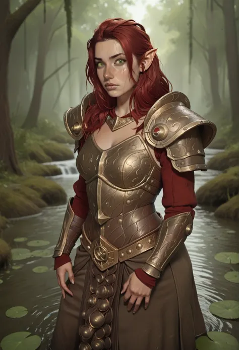 a strong half elven woman with thick chin and nose and lips with long red mane and a straight thick nose and small triangular and pointy ears, with small pointy ears through the spiky mane, green eyes, wearing a full plate chest armor and a fitting long sk...