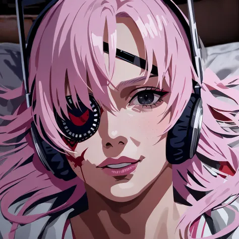 good dreams ,satan ,German,pink hair,headphones,black Eye patch,photo realism