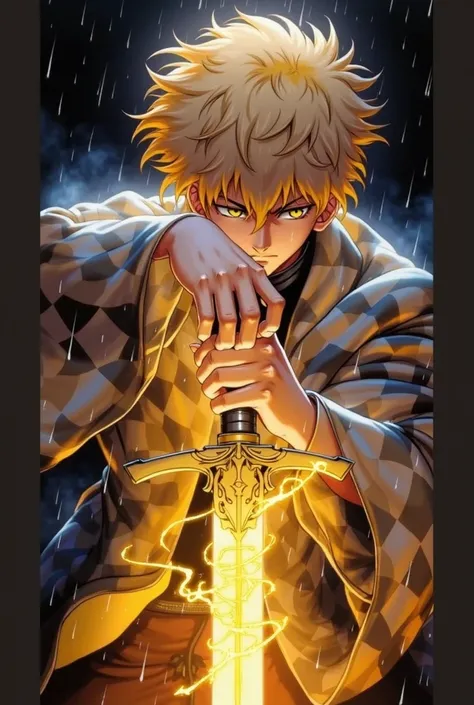 Create a powerful, atmospheric anime-style scene of a young warrior with messy blonde hair, holding the hilt of a glowing golden sword. The warrior looks down in focus, with rain pouring around, causing water droplets to drip from his clothes and hands. He...