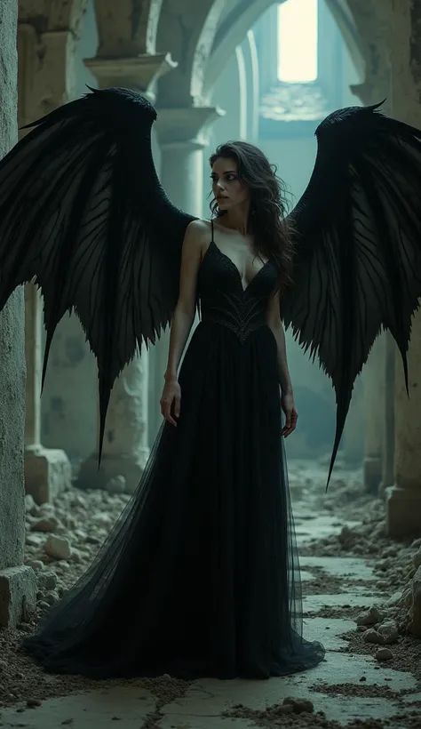 vampires:Pense na vampires como uma sedutora vampírica, with pale skin and sharp fangs .  She moves gracefully through a ruined castle , Your black wings open,  attracting victims with her hypnotic gaze before draining their vital energies.