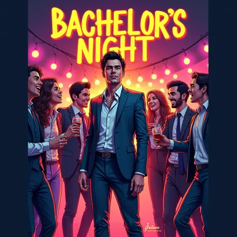 **Book Cover Prompt:**

Create a vibrant, dynamic book cover for *Bachelors Night (Groom’s Last Day of Freedom)*. The design should feature a group of close-knit friends in a celebratory, slightly chaotic setting. The groom, dressed in a sharp but slightly...