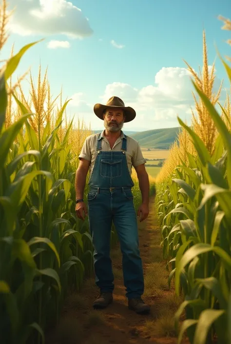 Create a pic of farmer in field of corn