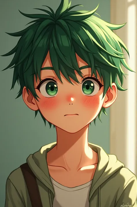  Create a boy of about 16 not so tall green hair always disheveled and big green eyes with a few freckles , Very nice 
