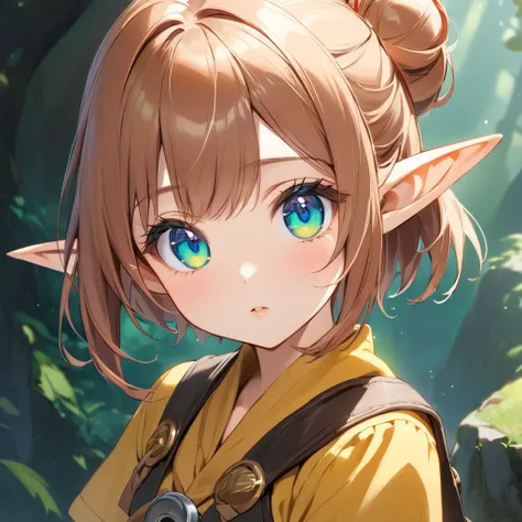 (one girl,　Halfling　The Hobbit　 treasure hunters　Adventurer　120cm　Short, pointy ears　Chestnut Hair　bun hair,　 Teal Eyelids　((((( short stature )))))　 flat chest　Thiefs Clothes 　 mini skirt　 shorts)　looking at viewer,　portrait,　 close your eyes 　Kiss the ca...