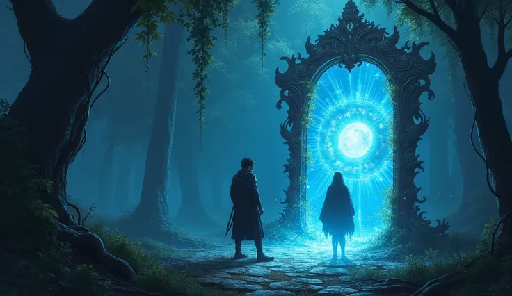 As they journey through the forest, Aqib and fairy Zahra encounter a tall, ancient mirror resting amidst the dense trees. The mirror’s frame is twisted with vines and roots, glowing faintly with an eerie blue light. When Aqib looks into it, his reflection ...