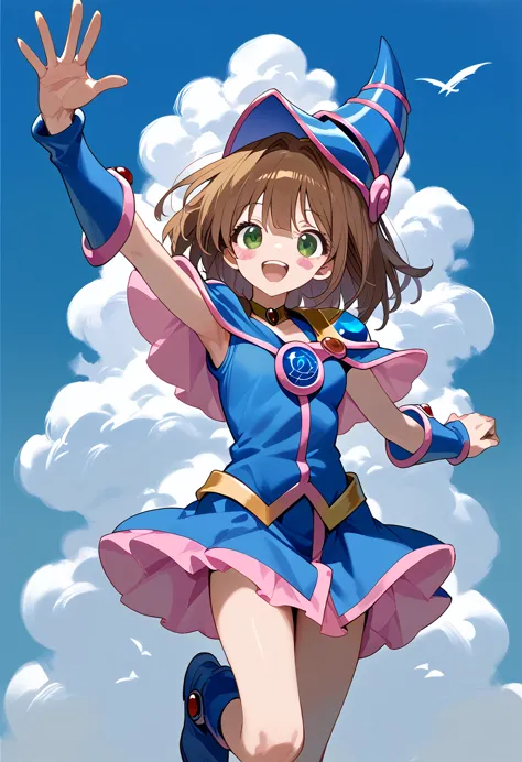 masterpiece, hi-res,best quality,8k
(arle nadja,petite,small breasts)(black magician girl costume)smile,floating in the air