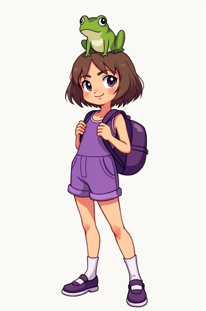 A girl with short hair and brown hair and purple clothes
And orange shorts and a single frog on his head and a low purple backpack and a jumpsuit on his shoulder 