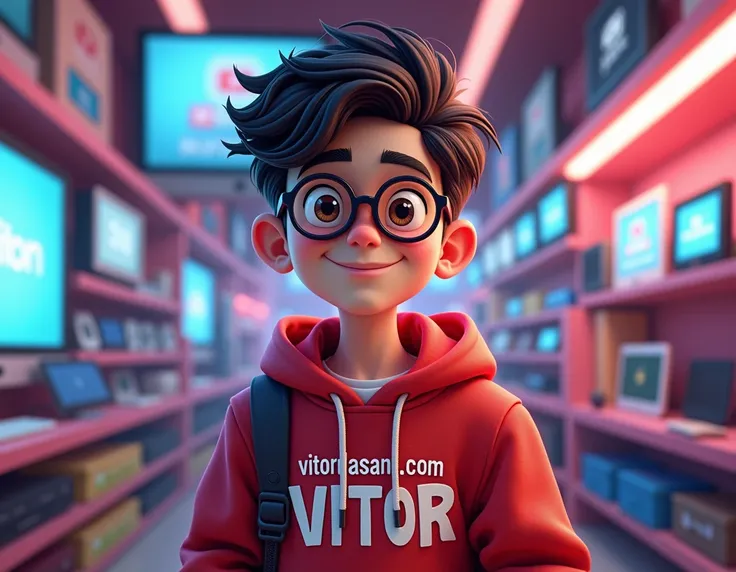 The image features a pixar depiction of a person named Vitor, wearing a hoodie with vitordasani.com writing in his chest ,who is wearing glasses. Age:17; The focus is on him, showcasing various clothing details. Tags associated with the image include carto...